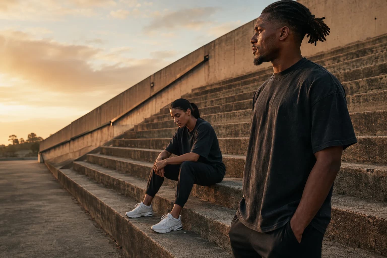 Athletes taking a quiet moment on stadium steps after training