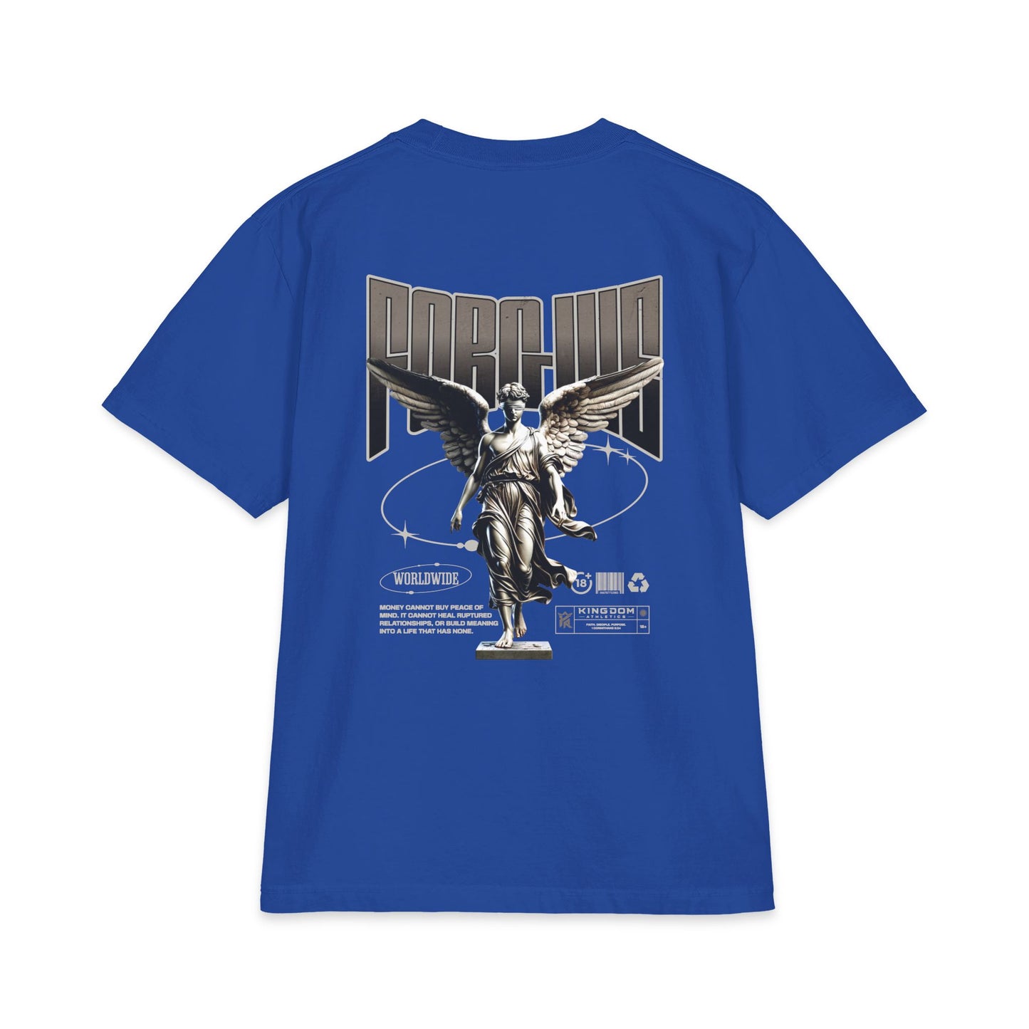 Angel Statue Graphic T‑Shirt — Retro Techno 'Forgive' Back Print