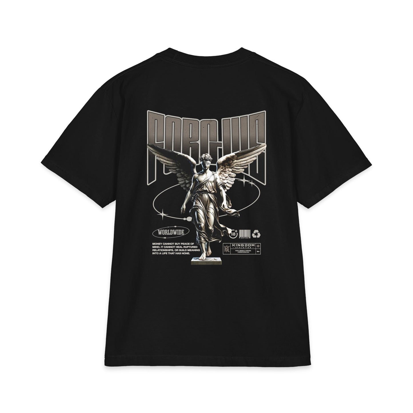 Angel Statue Graphic T‑Shirt — Retro Techno 'Forgive' Back Print