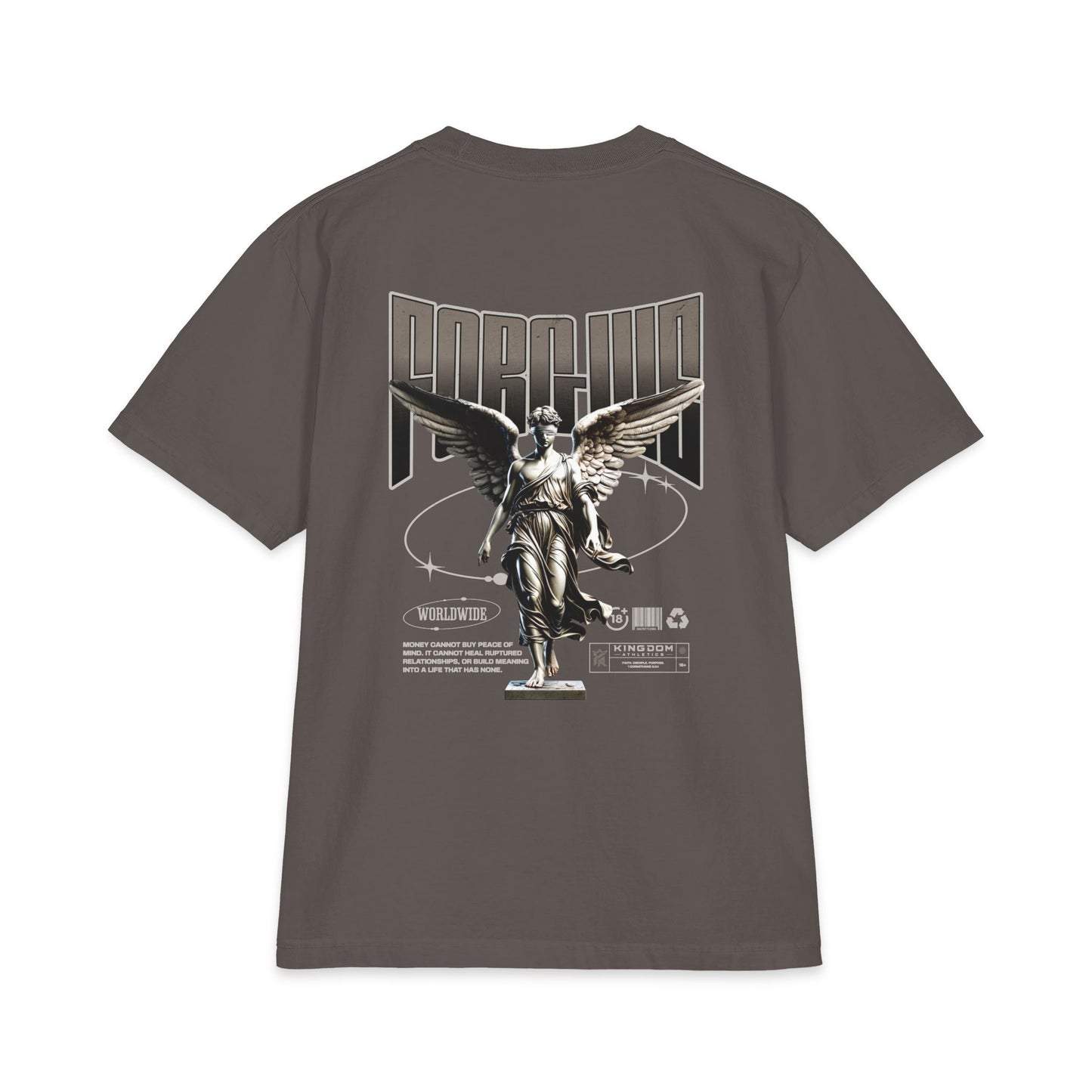 Angel Statue Graphic T‑Shirt — Retro Techno 'Forgive' Back Print