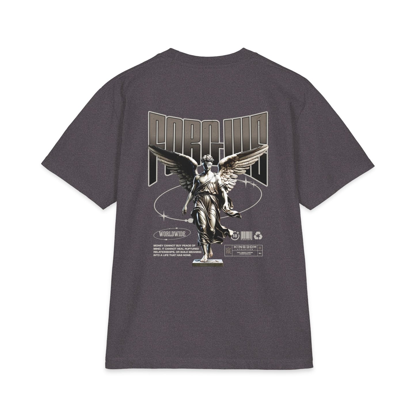 Angel Statue Graphic T‑Shirt — Retro Techno 'Forgive' Back Print
