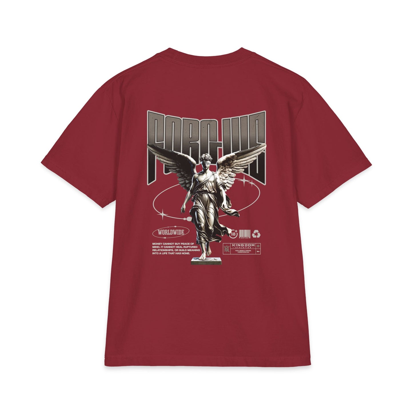 Angel Statue Graphic T‑Shirt — Retro Techno 'Forgive' Back Print