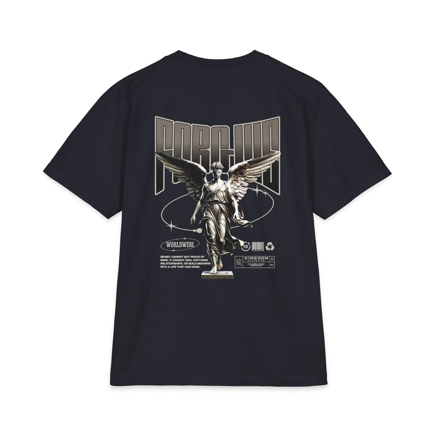 Angel Statue Graphic T‑Shirt — Retro Techno 'Forgive' Back Print